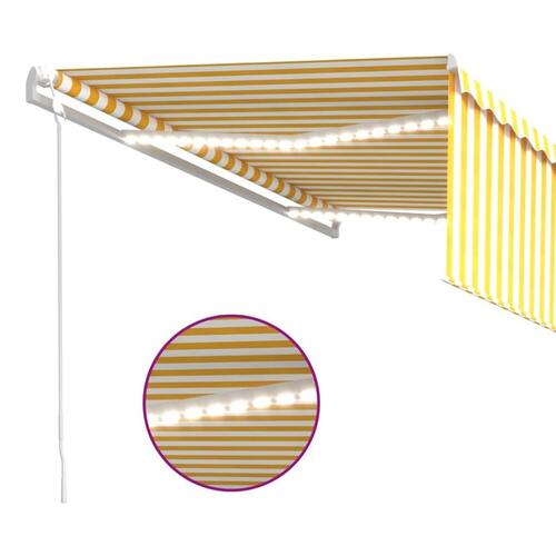 Markise m. gardin+LED+vindsensor 4,5x3 m automatisk gul og hvid