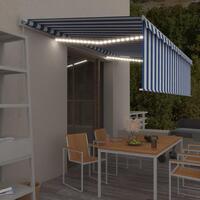 Markise m. gardin + LED 5x3 m manuel betjening blå og hvid