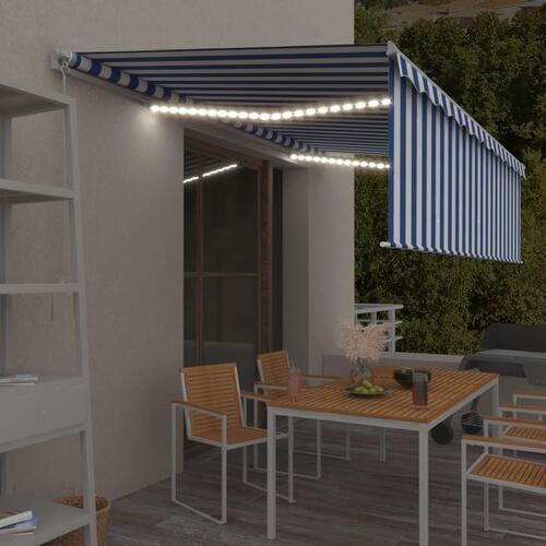 Markise m. gardin + LED 5x3 m manuel betjening blå og hvid
