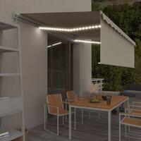 Markise m. gardin + LED 5x3 m manuel betjening cremefarvet