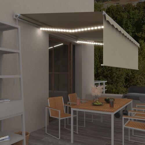 Markise m. gardin + LED 5x3 m manuel betjening cremefarvet