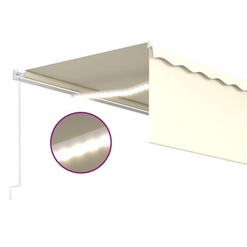 Markise m. gardin + LED 5x3 m manuel betjening cremefarvet