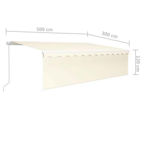 Markise m. gardin + LED 5x3 m manuel betjening cremefarvet