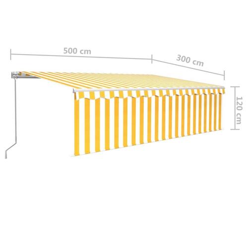 Markise m. gardin + LED 5x3 m manuel betjening gul og hvid