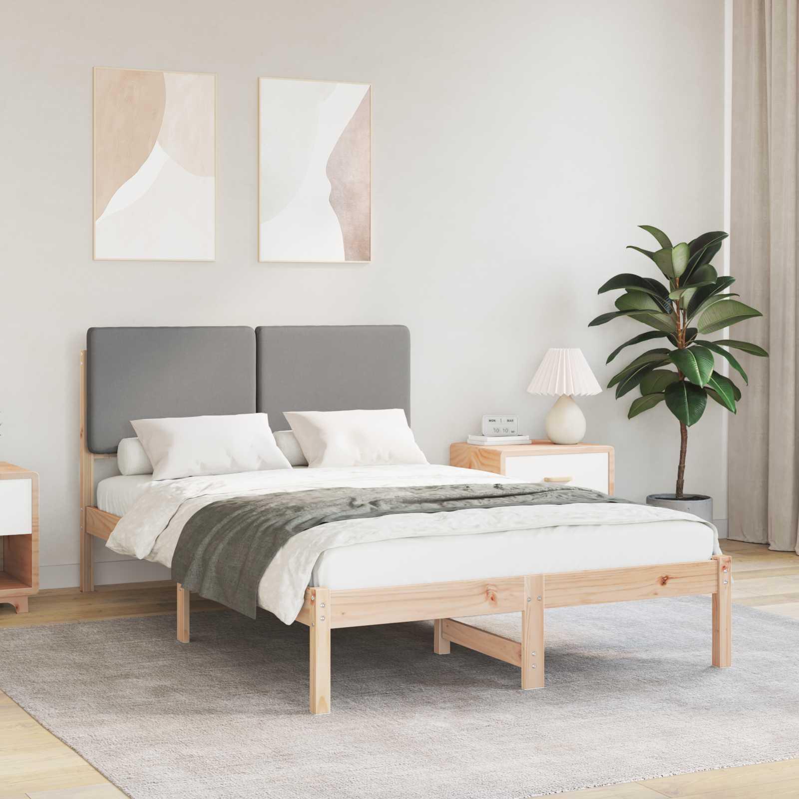 Sengestel med polstret hovedgavl - lysegrå 120 × 200 cm i massivt fyrretræ billede