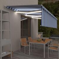 Markise m. gardin + LED 6x3 m manuel betjening blå og hvid