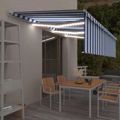 Markise m. gardin + LED 6x3 m manuel betjening blå og hvid
