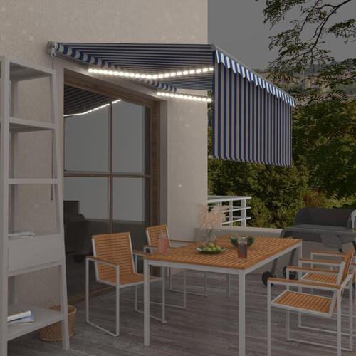 Markise m. gardin + LED 3x2,5 m manuel betjening blå og hvid