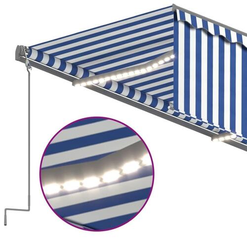 Markise m. gardin+LED+vindsensor 3x2,5 m automatisk blå og hvid