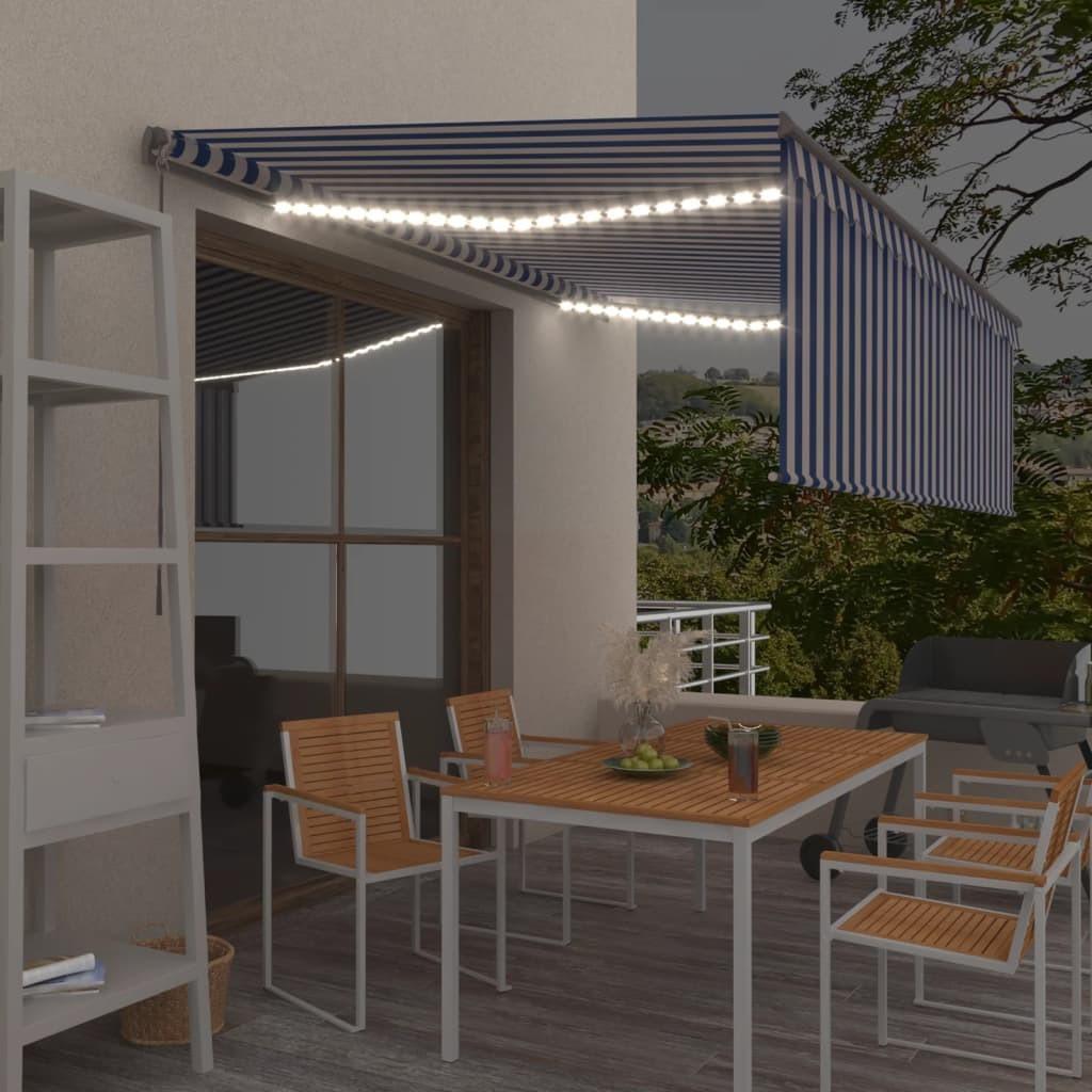 Markise m. gardin + LED 4x3 m manuel betjening blå og hvid