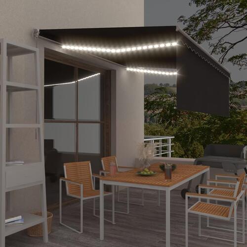 Markise m. gardin + LED 4x3 m manuel betjening antracitgrå