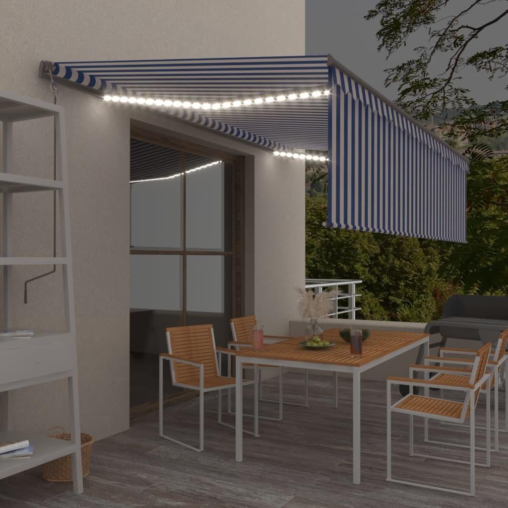 Markise m. gardin + LED 5x3 m manuel betjening blå og hvid