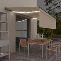 Markise m. gardin + LED 5x3 m manuel betjening cremefarvet