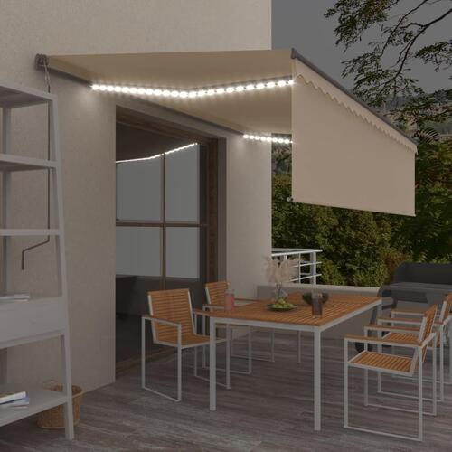 Markise m. gardin + LED 5x3 m manuel betjening cremefarvet