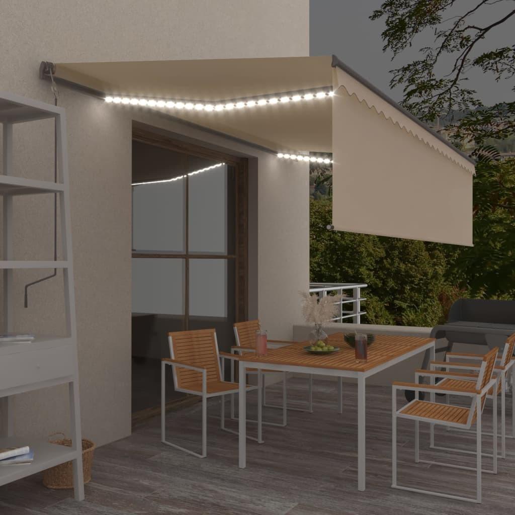 Markise m. gardin + LED 5x3 m manuel betjening cremefarvet