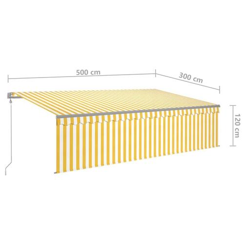 Markise m. gardin+LED+vindsensor 5x3 m automatisk gul og hvid