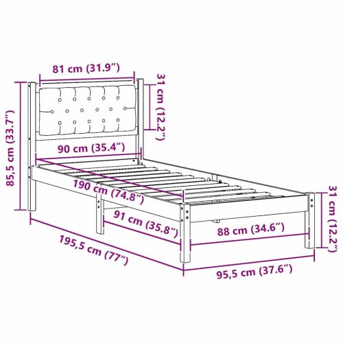 Sengestel med hovedgærde - mørkegrå 90 x 190 cm massiv fyrretræ