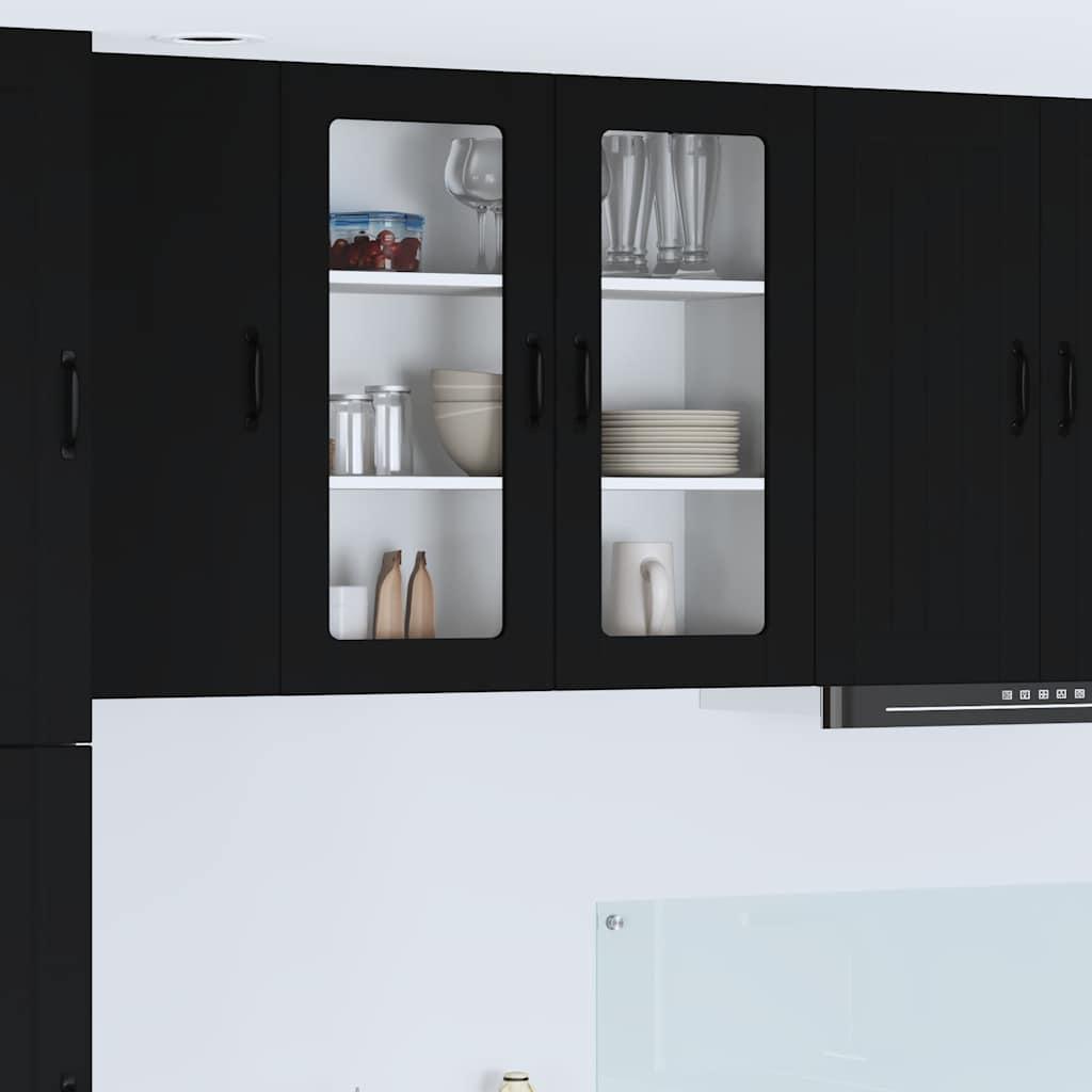 Væghængt køkkenskab med glaslåger - sort, 80 × 31 × 80 cm, konstrueret træ billede