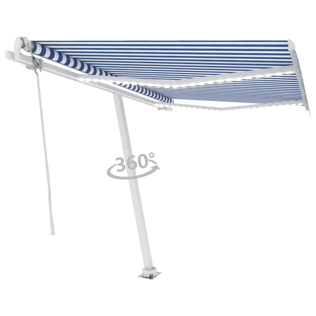Markise m. LED+vindsensor 350x250 cm automatisk blå og hvid