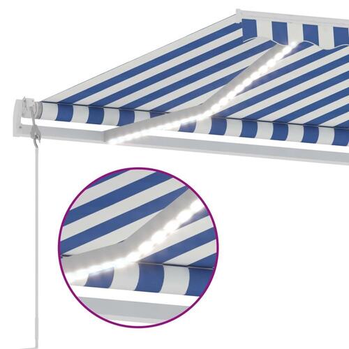 Markise m. LED+vindsensor 450x300 cm automatisk blå og hvid