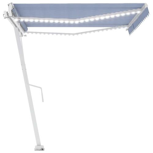 Markise m. LED + vindsensor 450x350 cm automatisk blå og hvid