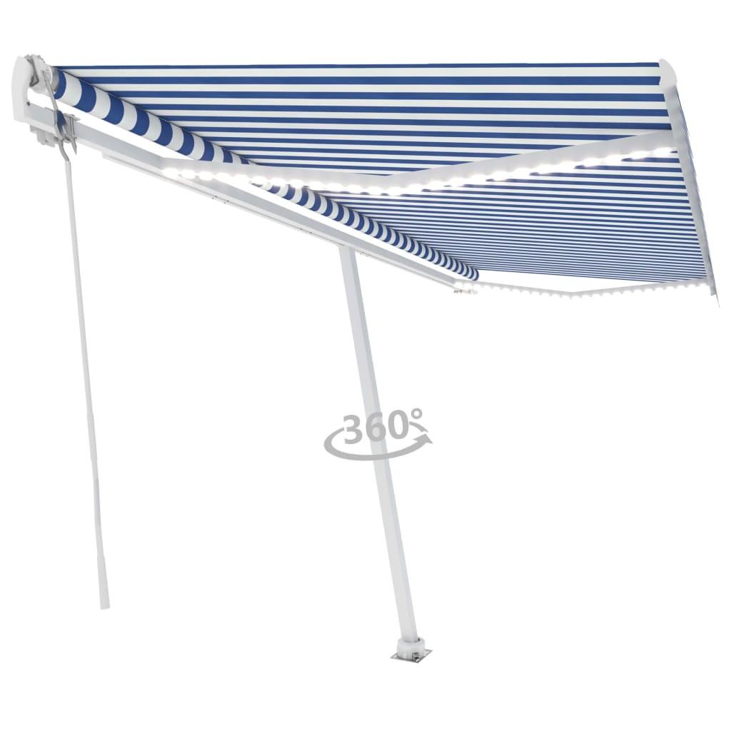 Markise m. LED + vindsensor 500x350 cm automatisk blå og hvid