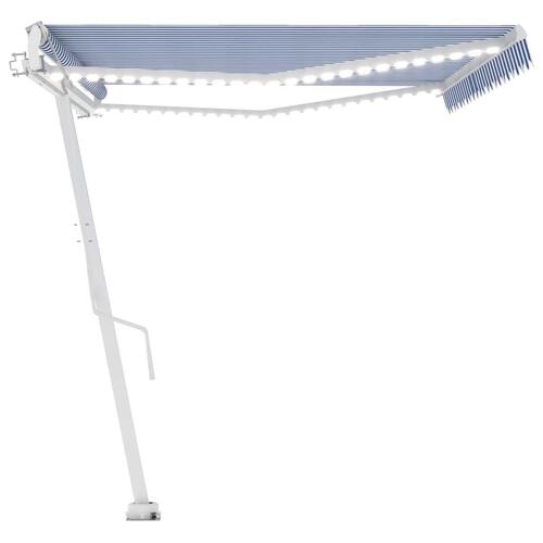 Markise m. LED + vindsensor 500x350 cm automatisk blå og hvid