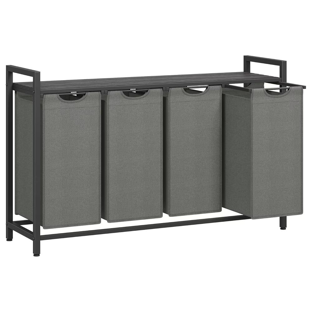 Vasketøjskurv med 4 rum udtrækkelige poser, hylde, metalstel, 4 × 40 l, 116 × 33 × 72 cm, sort/grå billede