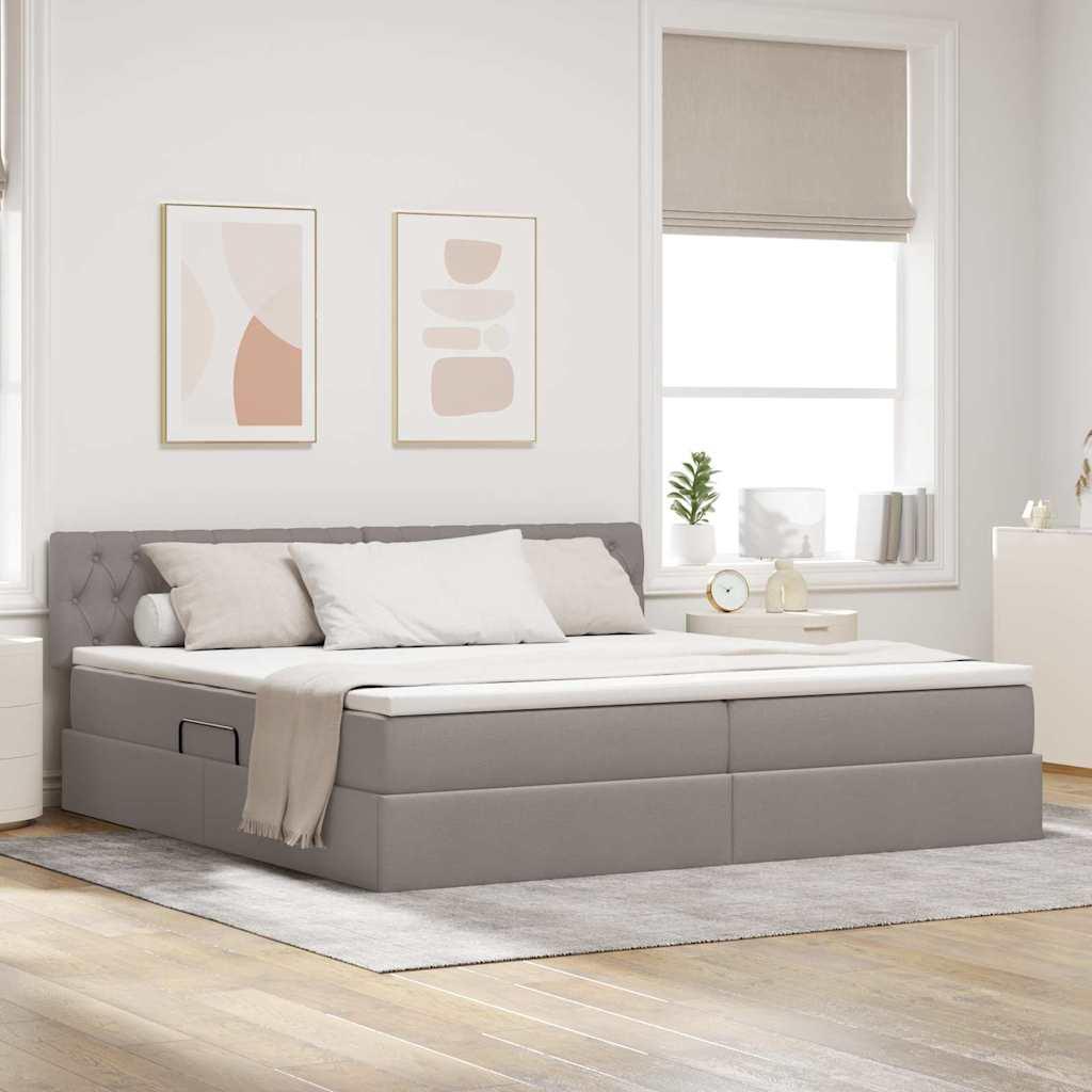Seng med opbevaring og LED med madras Gråbrun 200 x 200 cm Stof billede