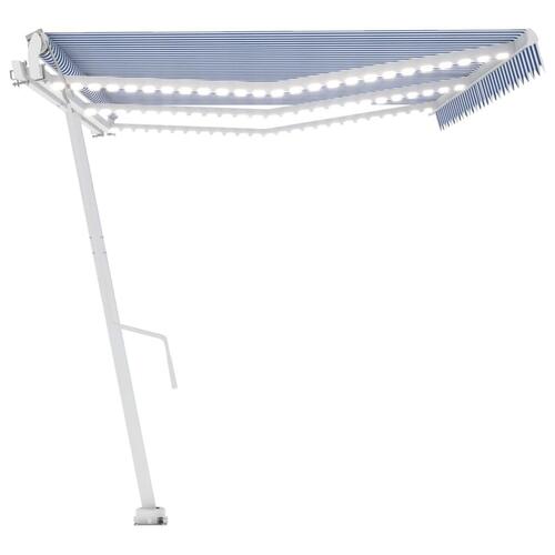Markise m. LED + vindsensor 600x350 cm automatisk blå og hvid