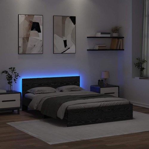 Sengestel med LED og hovedgærde - sort eg, 135 x 190 cm