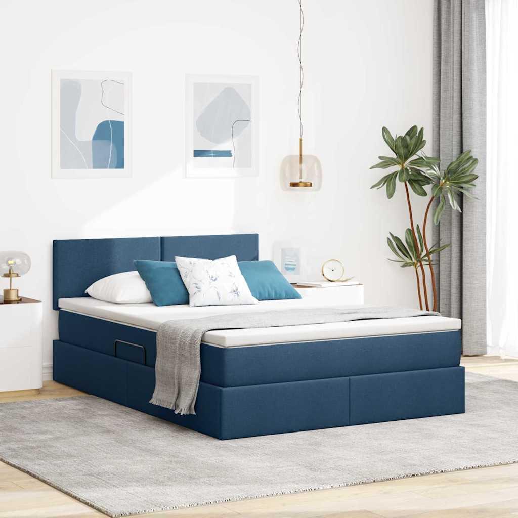 Seng med opbevaring og LED med madras Blå 140 x 190 cm Stof billede