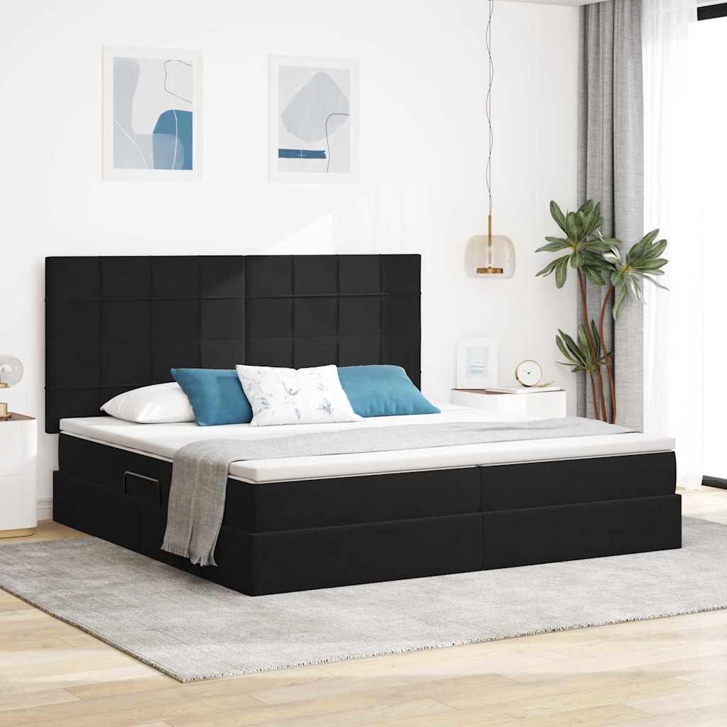 Seng med opbevaring og LED med madras Sort 200 x 200 cm Fløjl billede