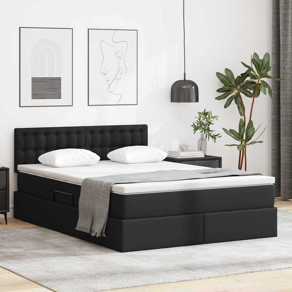 Seng med LED -strimmellys med hovedgærde Sort 140 x 200 cm PVC billede