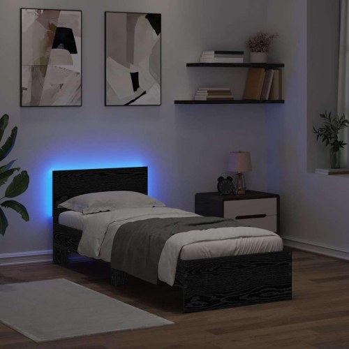Sengestel med hovedgærde og LED-lys - sort eg, 75 x 190 cm