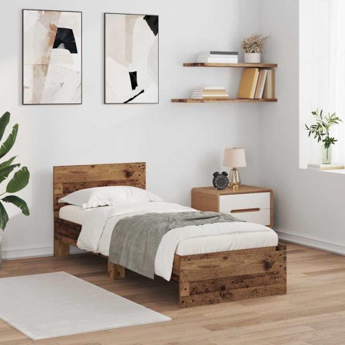 Sengestel med LED og hovedgavl - gammelt træ - 75 x 190 cm