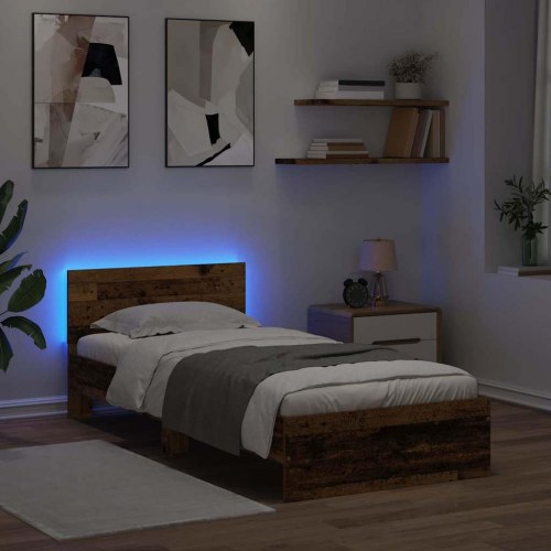 Sengestel med LED og hovedgavl - gammelt træ 90 x 200 cm