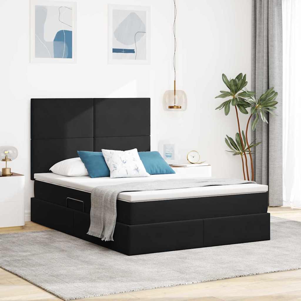 Seng med opbevaring og LED med madras Sort 140 x 200 cm Fløjl billede