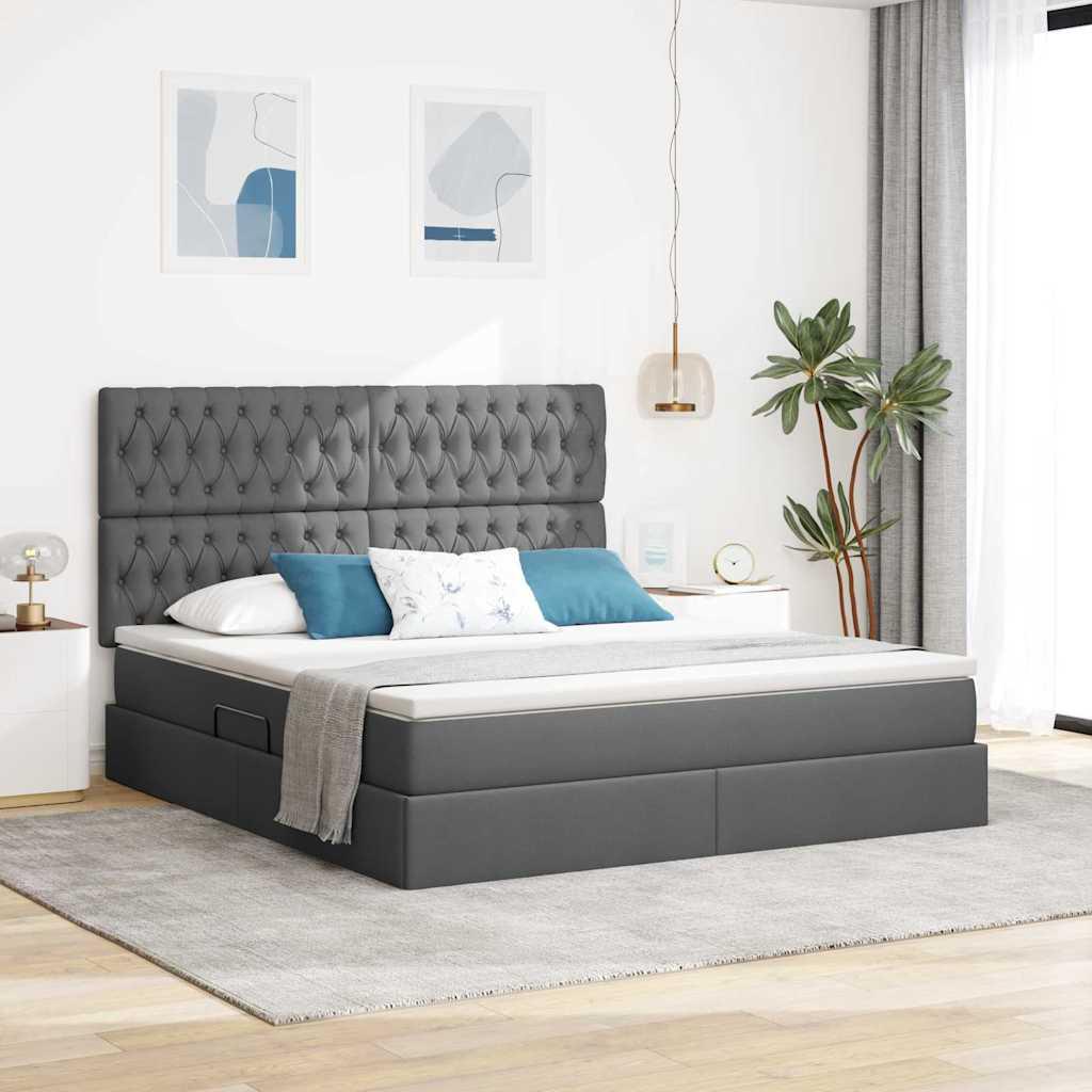 Seng med LED -strimmellys Mørkegrå 160 x 200 cm Stof billede