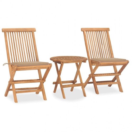 Udendørs café-/spisebordssæt i massivt teak - 3 dele, foldbart, inkl. beige hynder