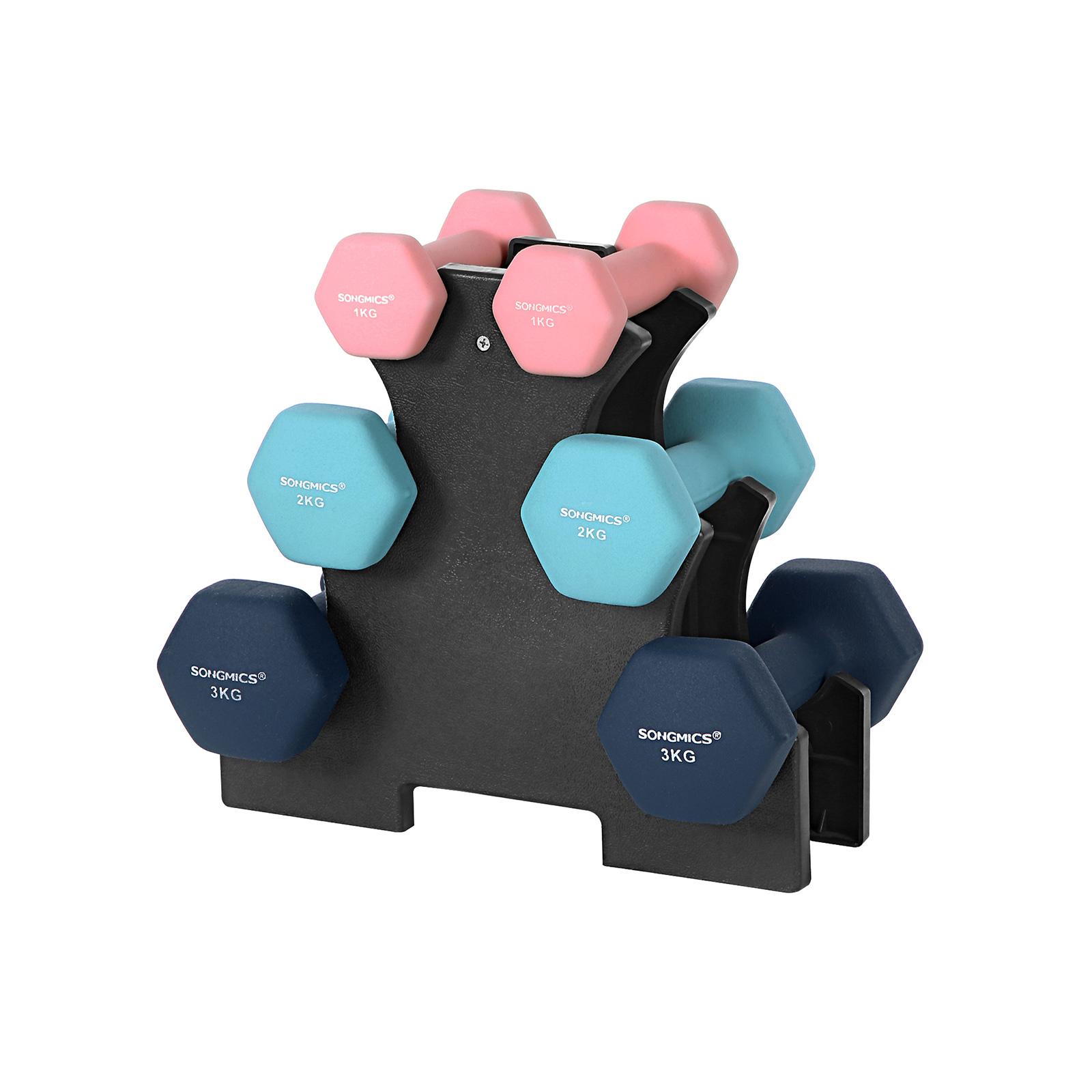 Håndvægtsæt med stativ hex håndvægte 2×1 kg, 2×2 kg, 2×3 kg, neopren, pink/aqua/blå billede