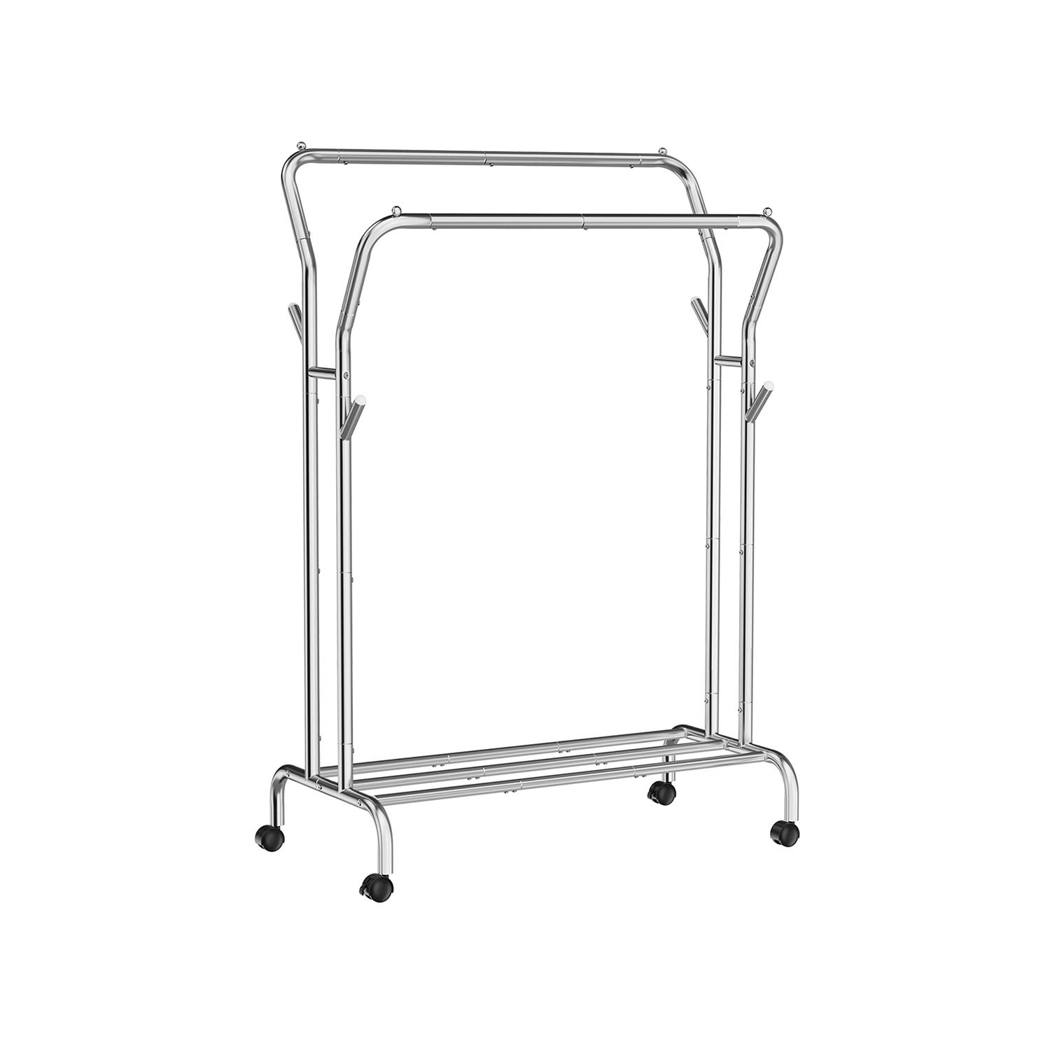 Tøjstativ med hjul dobbelt tøjstang, kraftig metalramme, hylde, sølv 103,5 cm / 100 kg billede