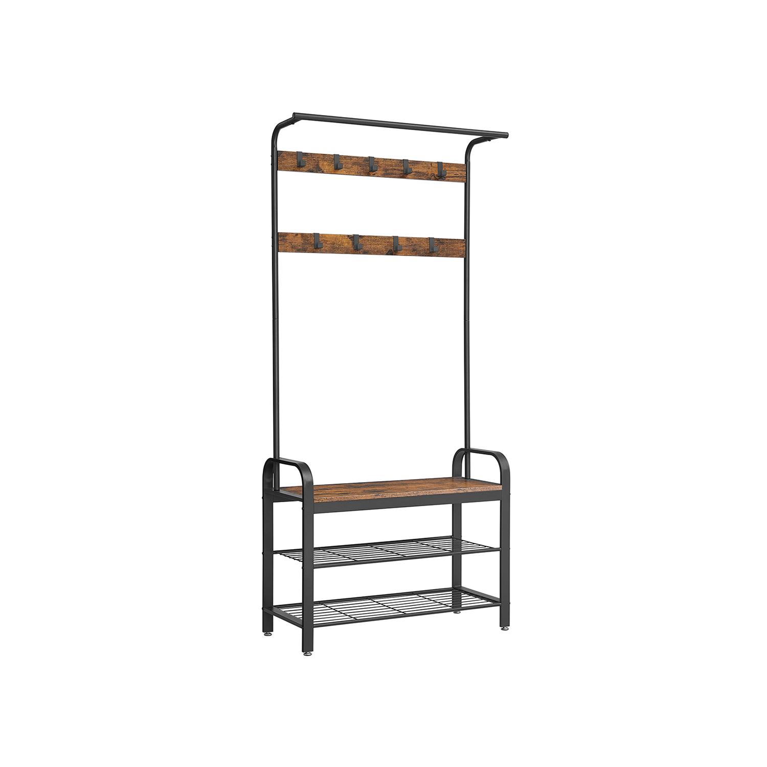 Tøjstativ med skohylde - 4‑i‑1 entrémøbel, rustik brun/sort, 84 × 33,7 × 183 cm billede