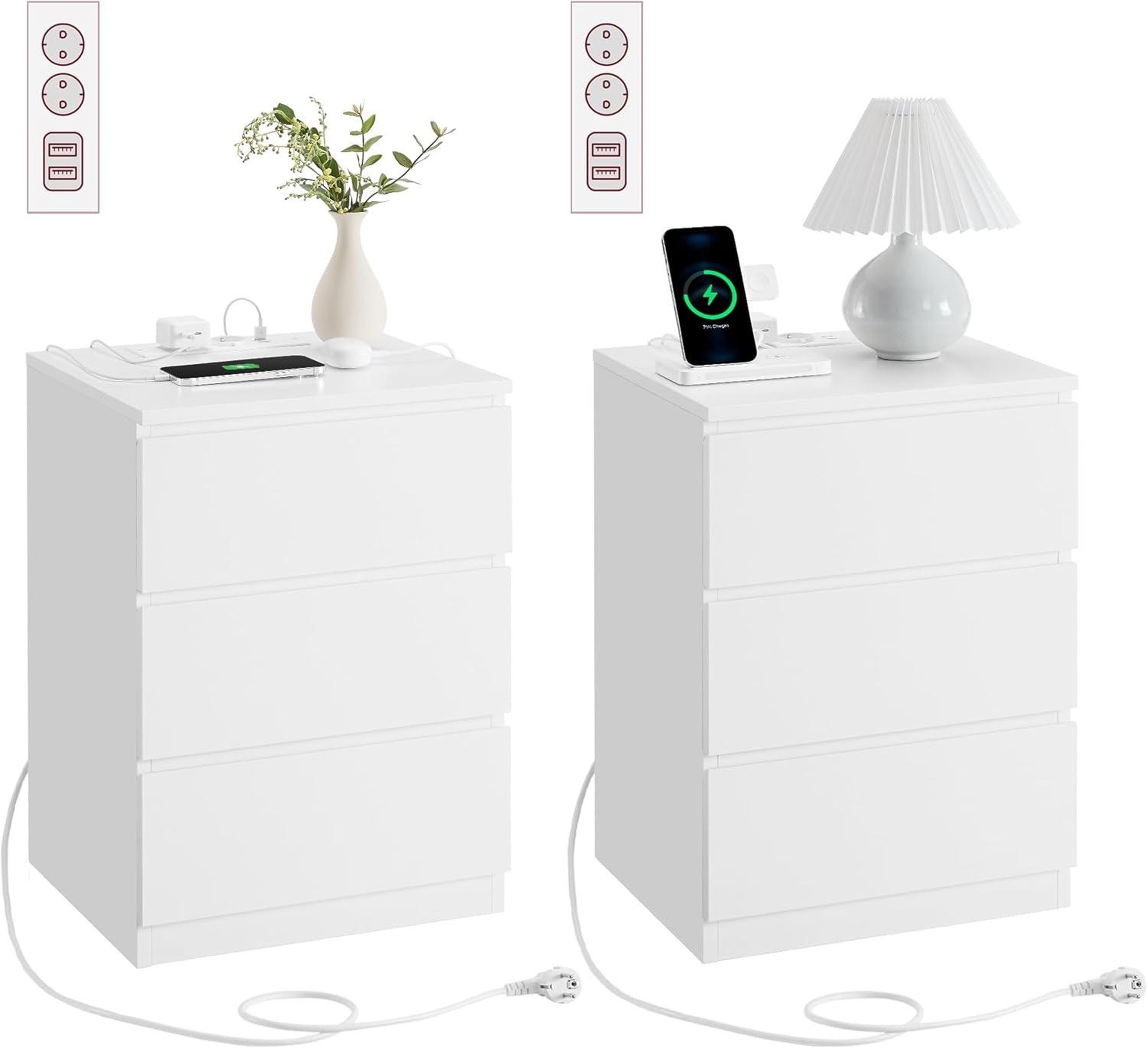 Sengeborde med opladning sæt á 2, 3 skuffer, skrå kant, 2 AC-udtag & 2 USB-porte, moderne, cloud hvid
