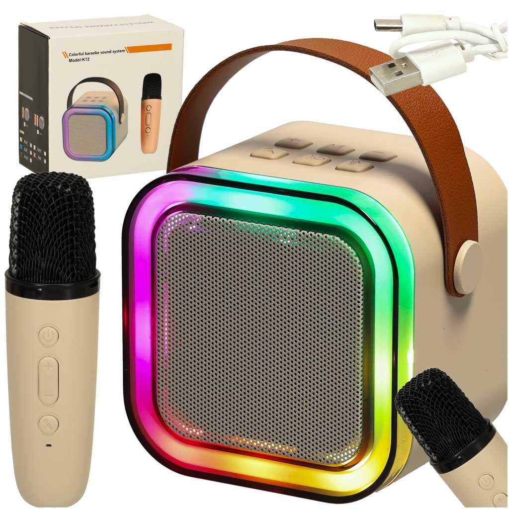 Karaoke højttaler med mikrofon - beige, Bluetooth, LED billede