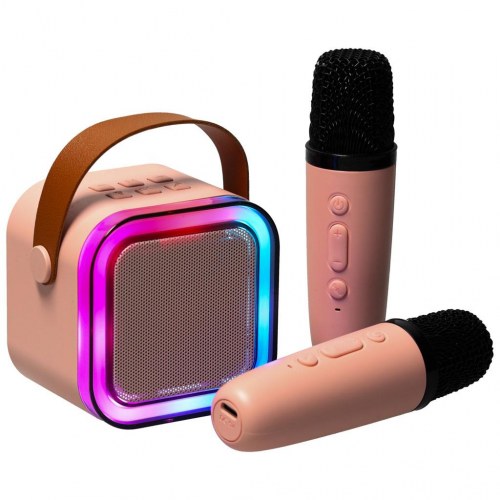 Karaokeanlæg med Bluetooth – 2 mikrofoner + bærbar højttaler, USB, LED, pink