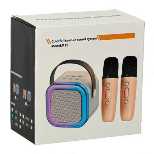 Karaokeanlæg med Bluetooth – 2 mikrofoner + bærbar højttaler, USB, LED, pink