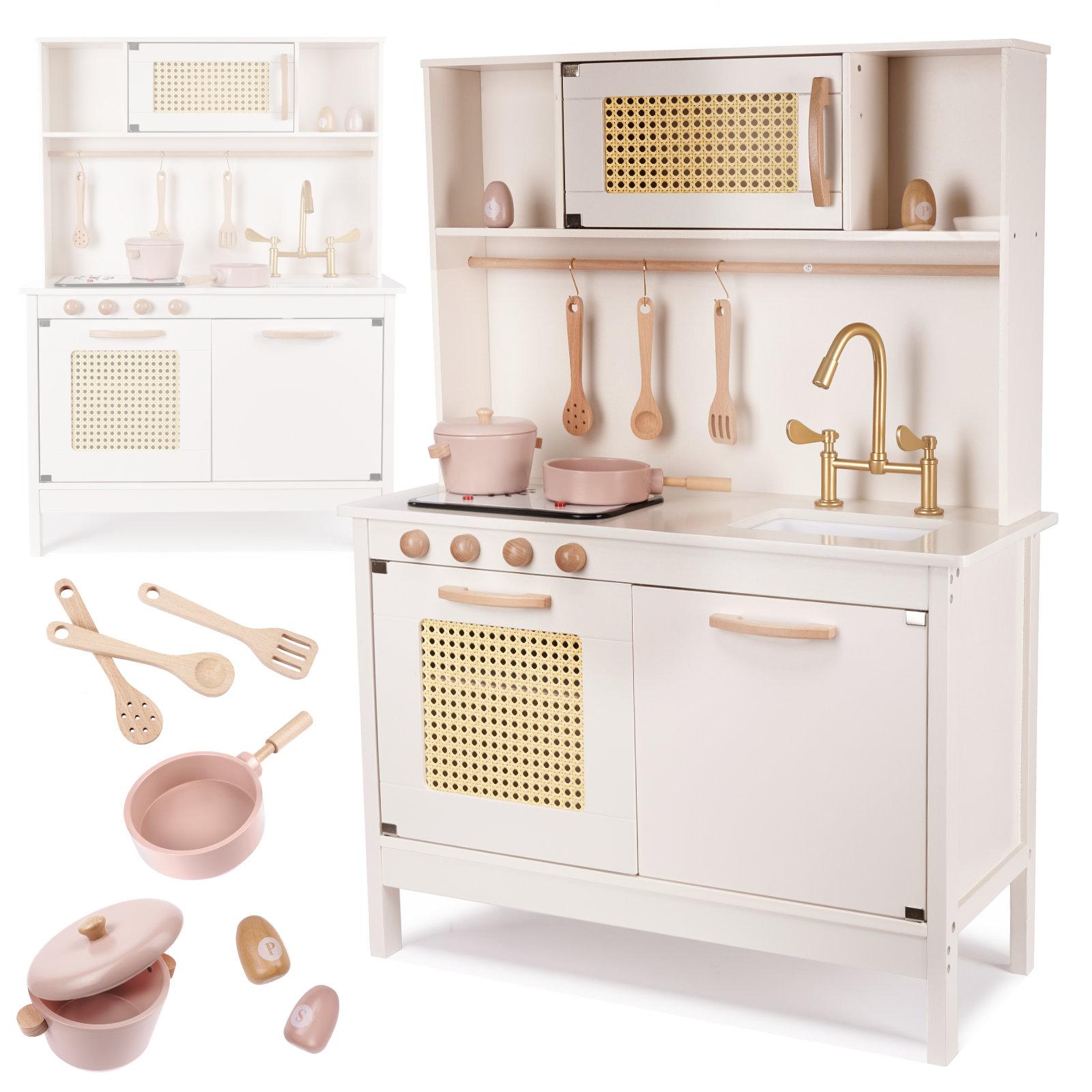 Legekøkken i træ med retro look og boho tilbehør - MDF, lys og lyd billede