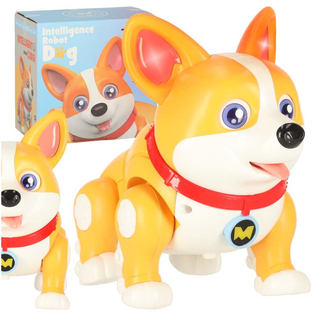 Interaktiv robot-hund Corgi med lys i ørerne og musik - lys brun/hvid billede
