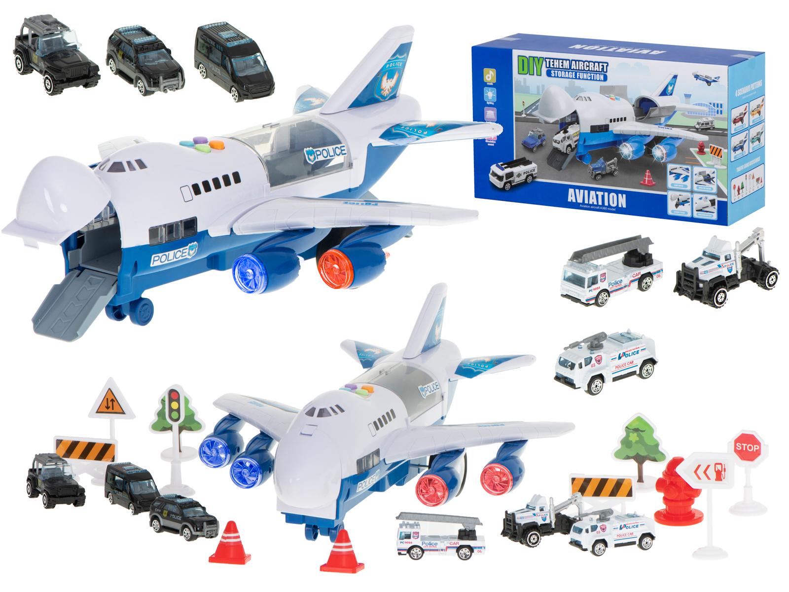 Legetøjsfly transporter med 6 politibiler - side/front billede